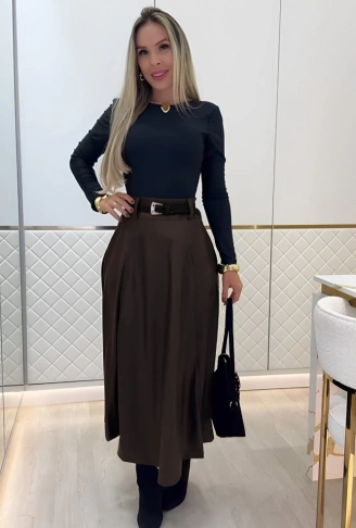 Kadın Yüksek Belli Maxi Deri Kemersiz Etek