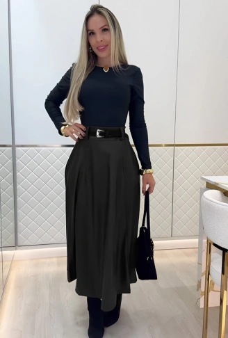 Kadın Yüksek Belli Maxi Deri Kemersiz Etek