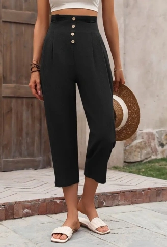 Kadın Yüksek Belli önden Düğmeli Ithal Keten Pantolon