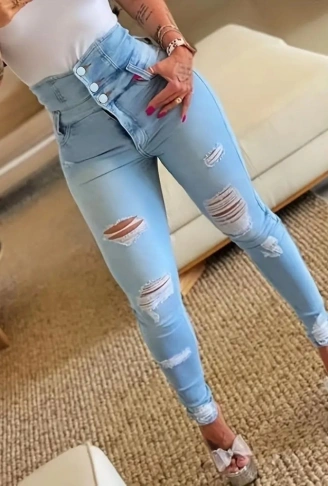 Kadın Yüksek Belli önden Düğmeli Yırtık Detaylı Kot Pantolon