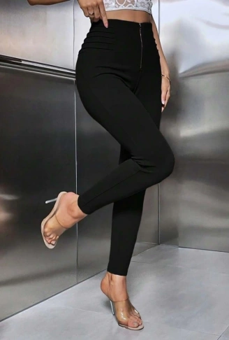 Kadın Yüksek Belli önden Fermuar Ve Nervur Detaylı Dalgıç Tayt