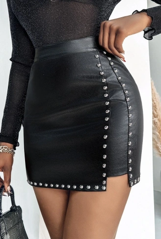 Kadın Yüksek Belli Yandan çivili Mini Deri Etek