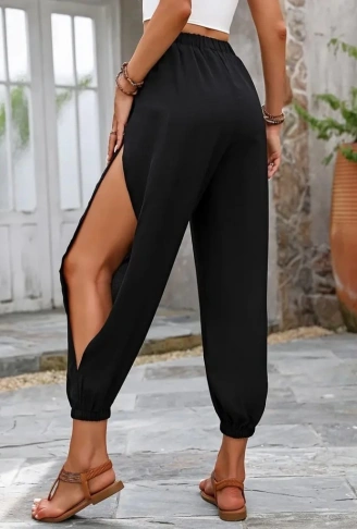 Kadın Yüksek Belli Yanlardan çapraz Detay Yırtmaçlı Viskon Pantolon