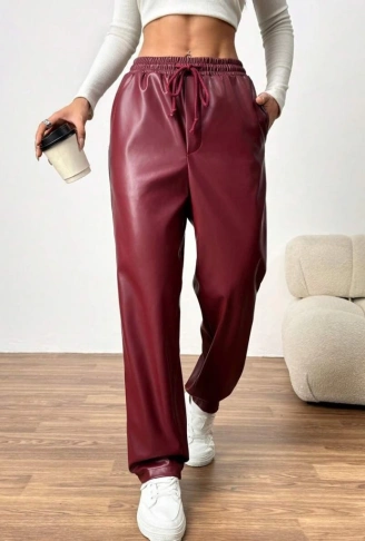 Kadın Yüksel Bel Bağcıklı Deri Pantolon