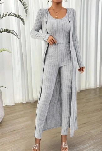 Kadın Yuvarlak Yaka Askılı Krop Bluz Yüksek Bel Tayt Ve Uzun Hırka şardonlu Kaşkorse üçlü Takım