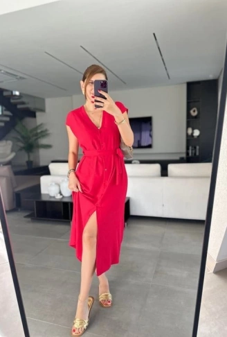 Kadınn V Yaka Düğme Detay Kuşak Dahil Elbise