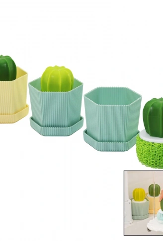 KAKTÜS MODEL SAPLI SERT - RENKLİ PLASTİK TEL BULAŞIK FIRÇASI  RENKLİ PLASTİK TABAKLI HAZNE (4940)