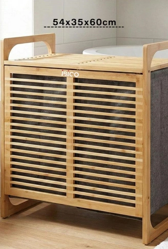 KALIN AHŞAP BAMBU 2 BÖLMELİ KİRLİ ÇAMAŞIR SEPETİ KUMAŞ ÇANTALI SEPET=54X35X60CM (4940)