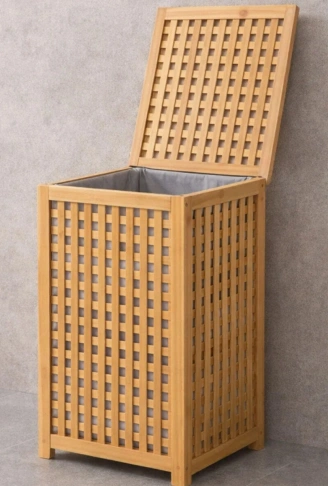 KALIN AHŞAP BAMBU KİRLİ ÇAMAŞIR SEPETİ KUMAŞ ÇANTALI SEPET=40X40X58CM (4940)