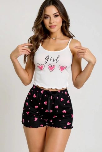 Kalp Desenli Askılı Şortlu Pijama Takımı