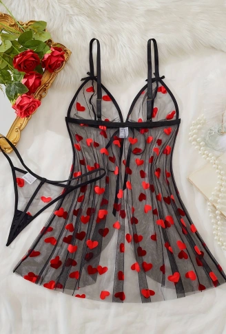 Kalp Desenli Siyah Transparan Gecelik TM1378