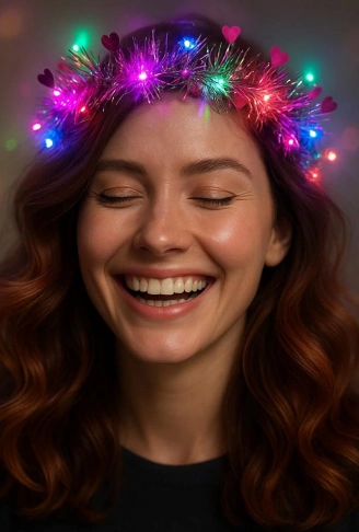 Kalp Püsküllü Gece Parıltısı 3 Modlu LED&apos;li Işıklı Taç Fuşya Renk (4940)