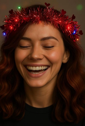 Kalp Püsküllü Gece Parıltısı 3 Modlu LED&apos;li Işıklı Taç Kırmızı Renk (4940)