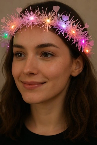 Kalp Püsküllü Gece Parıltısı 3 Modlu LED&apos;li Işıklı Taç Pembe Renk (4940)