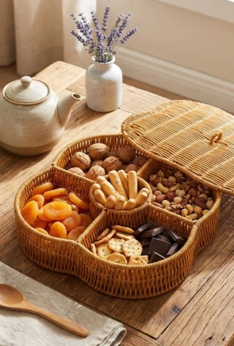 Kapaklı 5 Bölmeli Plastik Rattan Organizer Kutu – Hasır Desenli Çok Amaçlı Saklama ve Sunum Sepeti Çerezlik (4940)