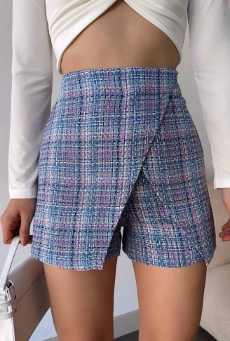 Kapaklı tüvit şort etek mavi