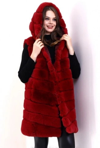 Kapşonlu Peluş Kürk Yelek Premium Kalite, Tam Astarlı, Uzun Model - Kırmızı