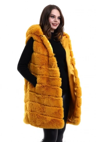 Kapşonlu Peluş Kürk Yelek Premium Kalite, Tam Astarlı, Uzun Model - Sarı