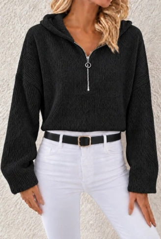 Kapüşonlu Fermuarlı Dokulu Sweatshirt