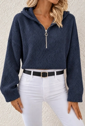 Kapüşonlu Fermuarlı Dokulu Sweatshirt