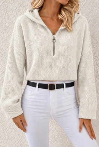 Kapüşonlu Fermuarlı Dokulu Sweatshirt