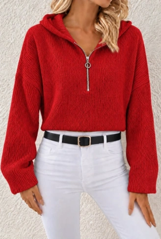 Kapüşonlu Fermuarlı Dokulu Sweatshirt
