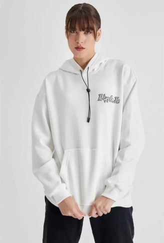 Kapüşonlu Sırt Baskılı Üç İplik Oversize Sweatshirt - Beyaz