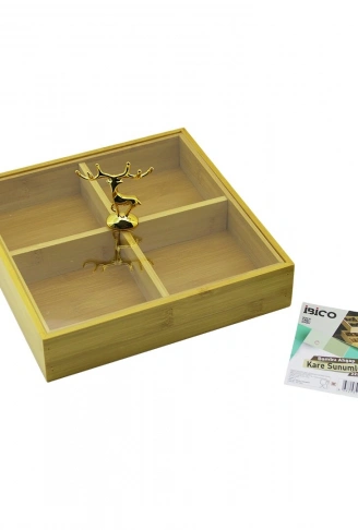 KARE 4 BÖLMELİ=2IN1=BÖLMESİZ ÇOK AMAÇLI KUTU AHŞAP BAMBU SERVİS SUNUM TEPSİ - TAHTASI 22X22X5CM (4940)