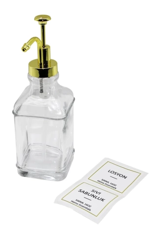 KARE   CAM ŞİŞE ŞEFFAF  DAMLATMAZ YAĞDANLIK 500ML POMPA - MUSLUK AYRIK MODEL BAŞLI (4940)