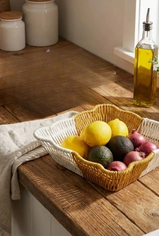 Kare Dalgalı Çift Renkli Plastik Rattan Ekmek ve Meyve Sepeti - Çok Amaçlı Banyo ve Mutfak Düzenleyici - Yıkanabilir Tezgâh Üstü Organizer (4940)