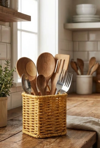 Kare Hasır Dokulu Plastik Rattan Kaşıklık &amp; Çatallık – Askılı Kendiliğinden Tutmalı Çok Amaçlı Mutfak Organizeri (4940)