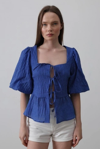 Kare Yaka Balon Kol Bluz - Mavi