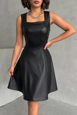 Kare yaka deri elbise siyah h24442