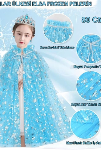 Karlar Ülkesi Elsa Frozen Mavi Pelerin – 80 cm Kar Desenli Çocuk Pelerini ( Taç Hariç )