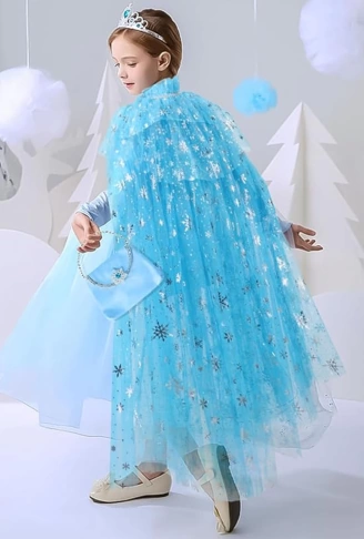Karlar Ülkesi Elsa Frozen Mavi Pelerin – 80 cm Kar Desenli Çocuk Pelerini ( Taç Hariç )