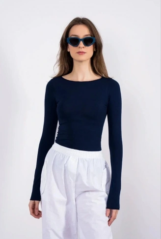 Kayık yaka uzun kollu bluz lacivert pt