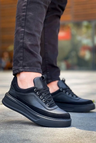 KB-006 Kuback Siyah Cilt Siyah Yüksek Taban Bağcıklı Günlük Erkek Ayakkabı