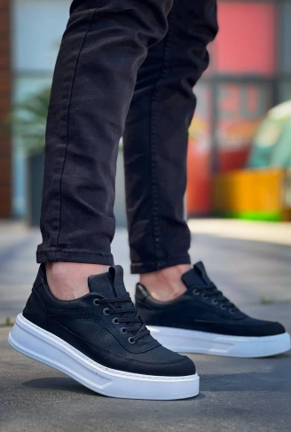 KB-006 Kuback Siyah Cilt Yüksek Taban Bağcıklı Günlük Erkek Ayakkabı