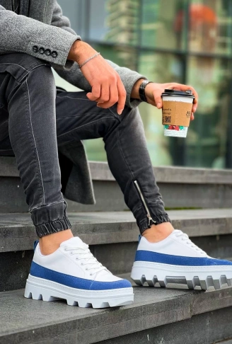 KB-056 Kuback Beyaz Mavi Detaylı Beyaz Yüksek Taban Günlük Spor Ayakkabı