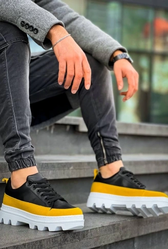 KB-056 Kuback Siyah Sarı Detaylı Beyaz Yüksek Taban Günlük Spor Ayakkabı