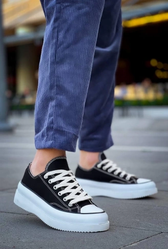 KB-CX-3 Kuback Kısa Siyah Keten Beyaz Yüksek Taban Spor Ayakkabı