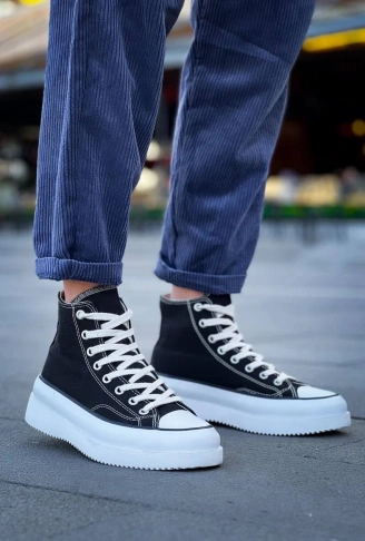 KB-CX-3 Kuback Uzun Siyah Keten Beyaz Yüksek Taban Spor Ayakkabı