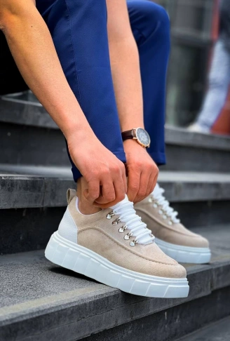 KB-X10 Kuback Bej Süet Beyaz Yüksek Taban Günlük Spor Ayakkabı