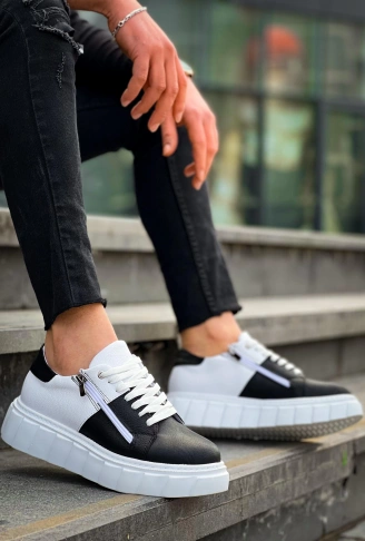 KB-X155 Kuback Siyah Cilt Beyaz Cilt Detaylı Beyaz Yüksek Taban Günlük Spor Ayakkabı