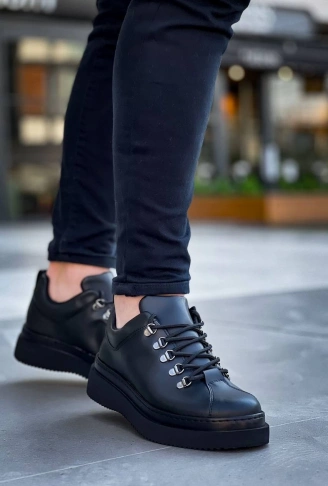 KB-X4  Kuback Siyah Cilt Siyah Yüksek Taban Bağcıklı Günlük Erkek Ayakkabı