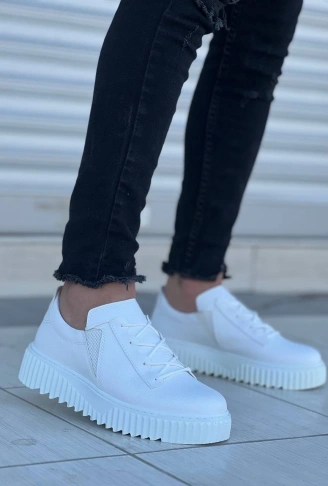 KB-X502  Kuback Beyaz Cilt Yüksek Beyaz Taban Bağcık Detaylı Lastikli Günlük Erkek Ayakkabı