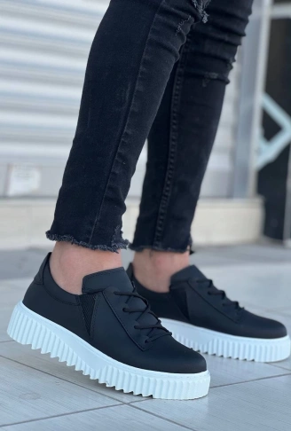 KB-X502  Kuback Siyah Cilt Yüksek Beyaz Taban Bağcık Detaylı Lastikli Günlük Erkek Ayakkabı