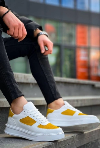 KB-X8 Kuback Beyaz Cilt Sarı Süet Detaylı Beyaz Yüksek Taban Günlük Spor Ayakkabı
