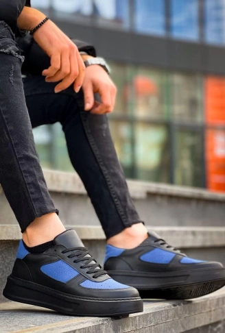 KB-X8 Kuback Siyah Cilt Mavi Süet Detaylı Siyah Yüksek Taban Günlük Spor Ayakkabı
