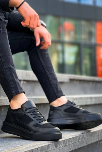 KB-X8 Kuback Siyah Cilt Siyah Süet  Detaylı Siyah Yüksek Taban Günlük Spor Ayakkabı